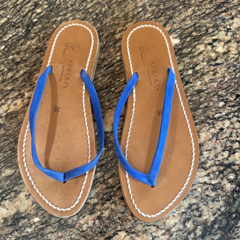 EUC K Jacqous Thong 36 Flat Sandals Blue St Tropez Beach Island Vacation